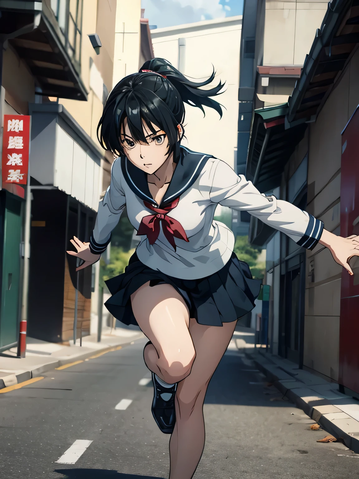 anime、 high image quality、 high definition 、(((A female student in a sailor suit is sprinting on a motorcycle)))、 ponytail、Shopping Street、