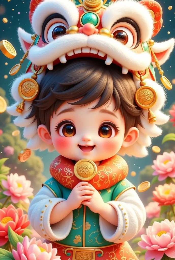 🐍，(美丽的男孩头上戴着中国lion hat特写)，lion hat， cute faces，Rain of coins in the air。Flowers，