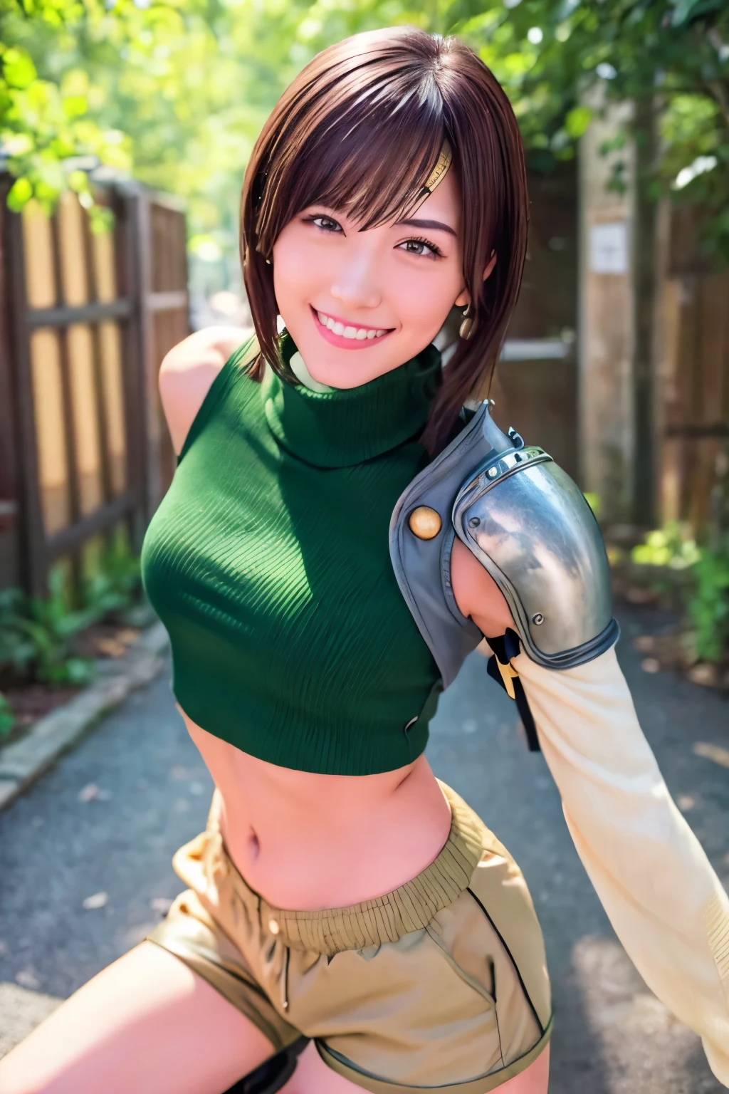 8k, top quality,real image, complex details,  high definition , depth field , Masterpiece, Natural Soft Light ,  professional lighting to raise both knees , 1 girl , beautiful European girl ,  Olive Skin ,, detailed eyes on board,(Brown Hair), long hair, Hmm, Yuffie Kisaragi, headband ,belly button,  Sleeveless, Green turtleneck,  Sleevelessタートルネック,  Mid-chest ,  dynamic pose,  has blue materialia(Glowing Orb ), smile,  gloves,  crop top, Brown Hair,  shorts, midriff, armor,  sweater , Finger less  gloves, リブニット sweater , outside, Japanese Village