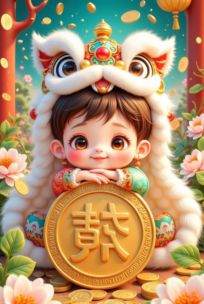 🐍，(美丽的男孩头上戴着中国lion hat特写)，lion hat， cute faces，Lie on a coin，Rain of coins in the air。Flowers，