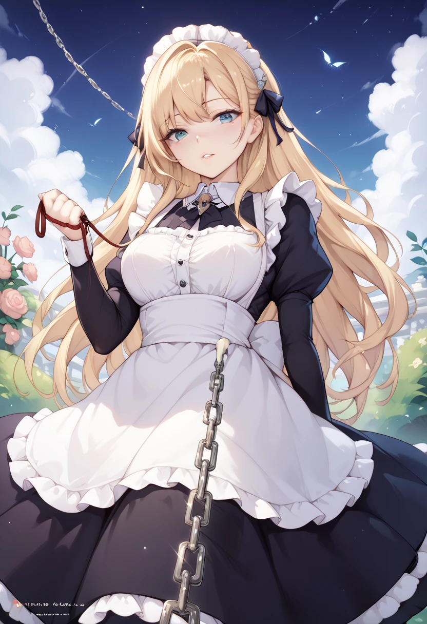  beautiful long blonde　maid, maid apron, maid headdress, puffy sleeves　Garden at Night　 whole body　 Viewer on Leash　CHAIN LEASH　PULL LEASH　 low angle　 Long Skirt　Outdoor