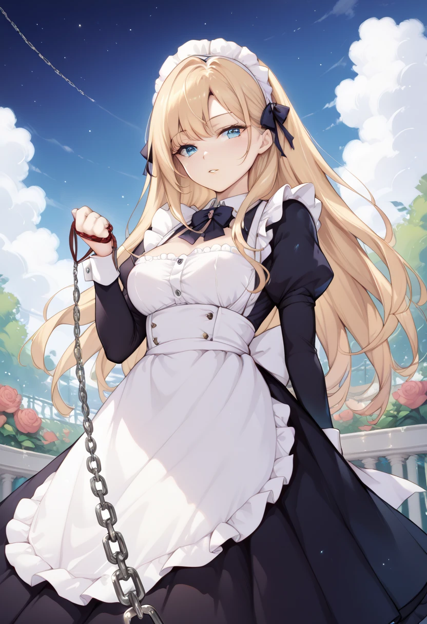  beautiful long blonde　maid, maid apron, maid headdress, puffy sleeves　Garden at Night　 whole body　 Viewer on Leash　CHAIN LEASH　PULL LEASH　 low angle　 Long Skirt　Outdoor