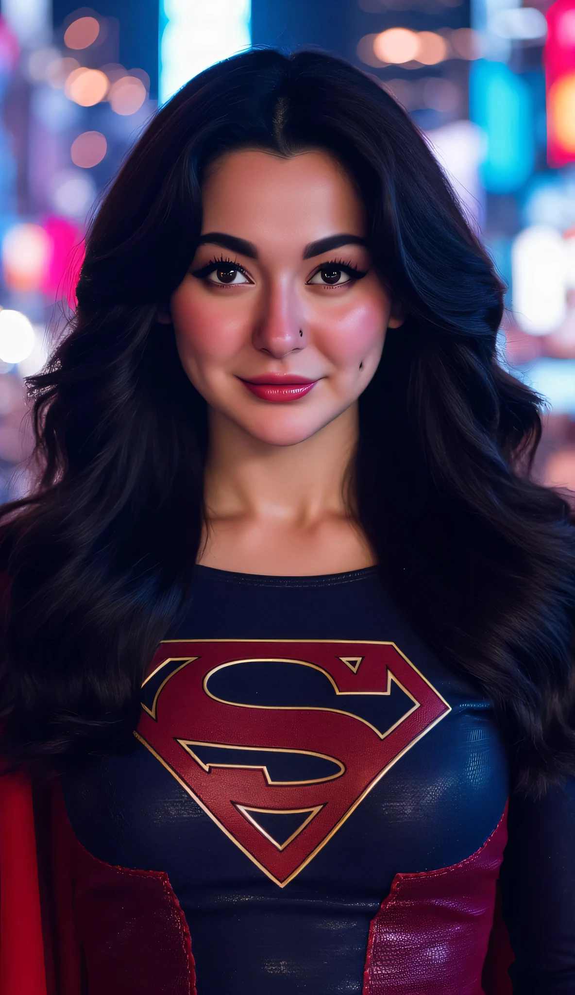 Hania Amir in Supergirl costume, (black hair), HD, remastered, HQ, 4K quality, cyberpunk cityscape, The very sexy Supergirl with her neckline outfit 