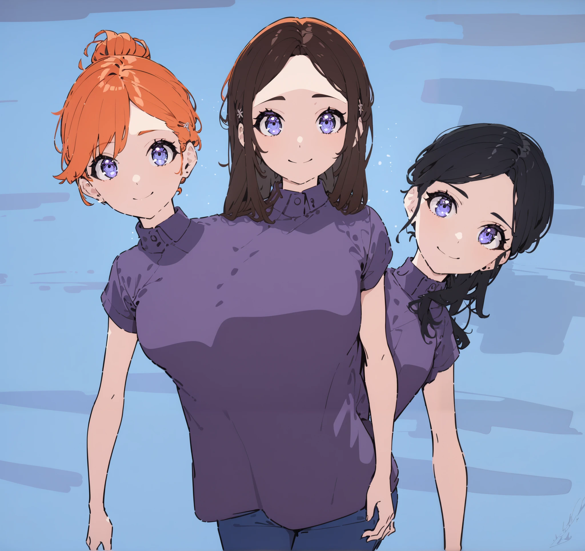 best quality, (masterpiece),(ultra-detailed), (high quality), (high resolution), ((3heads:1.5)), best quality:1.5, highres, UHD, 16K), three headed woman, smiling, highres, masterpiece, (orange hair), (black hair), (brown hair), (purple casual shirt), blue jeans pants, three heads, one body, (blue eyes), teenage girl