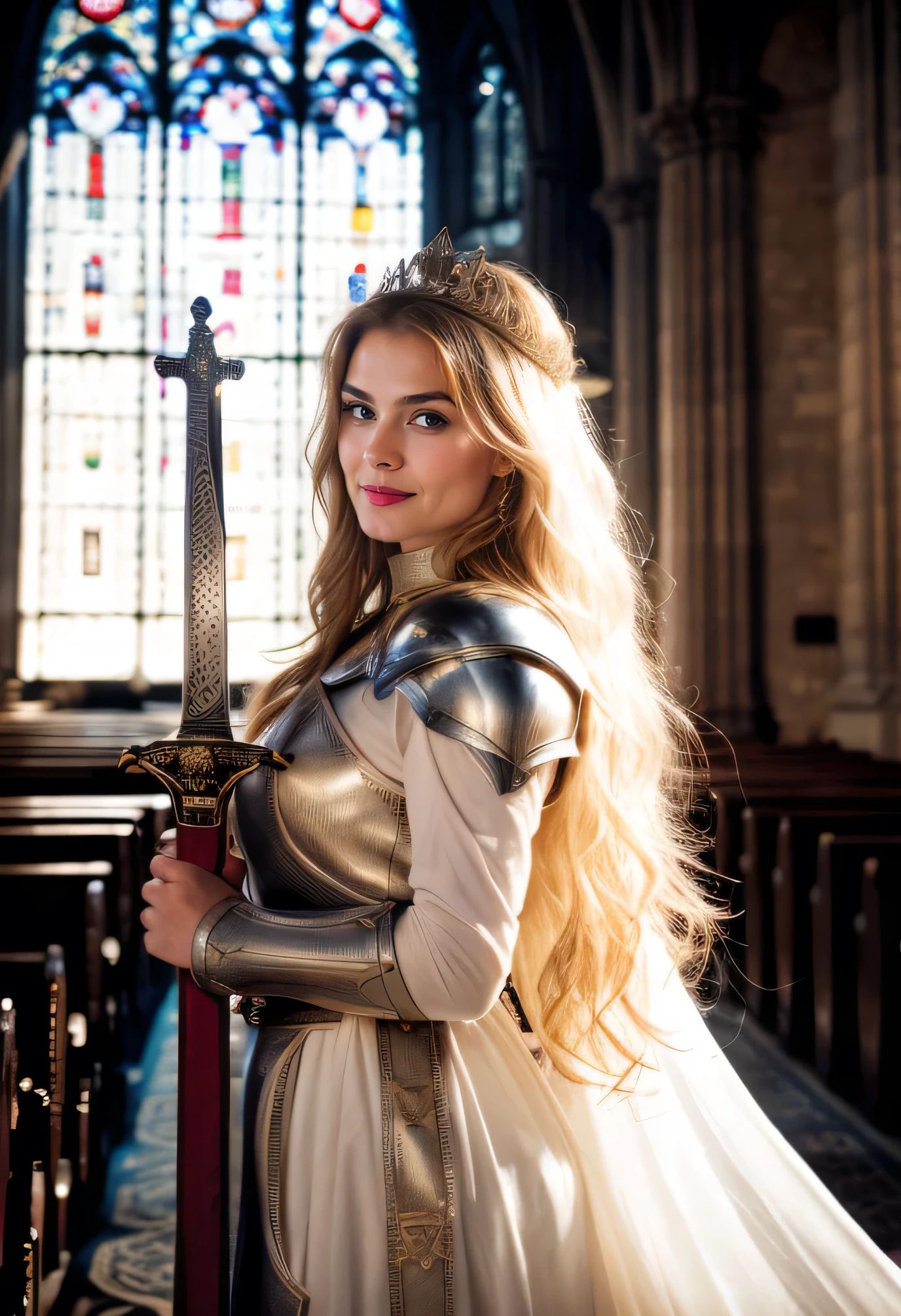 in front of the church,holding a large sword and posing for baptism,slender,healthy muscles,lighting from the front of the face,lighting from the side of the face,lighting from the top of the face,feminine plumpness,like a hollywood actress,masterpiece,queen,female knight,queen,female knight,queen,female knight,a beautiful woman,(high detail plunging celtic gown),(perfect body),(blonde long hair),(long hairstyle),outside,(skin texture:1.1),best quality,ultra high res,raw photo,nikon d850,backlight,rimlight,bright sunlight,film grain:1.2,(sharp hue,sharp tone:1.2),(color photo),fantasy inside a majestic church background,high quality,high resolution,16k,perfect face,perfect face,beautiful face,sharp face,full-body image,the majestic interior of the church,bright light from the window,falling on her,her appearance befitting a holy knight,and her dynamic pose.