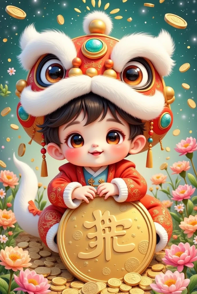 🐍，(美丽的男孩头上戴着中国Lion hat特写)，Lion hat， cute faces，Lie on a coin，Rain of coins in the air。Flowers，