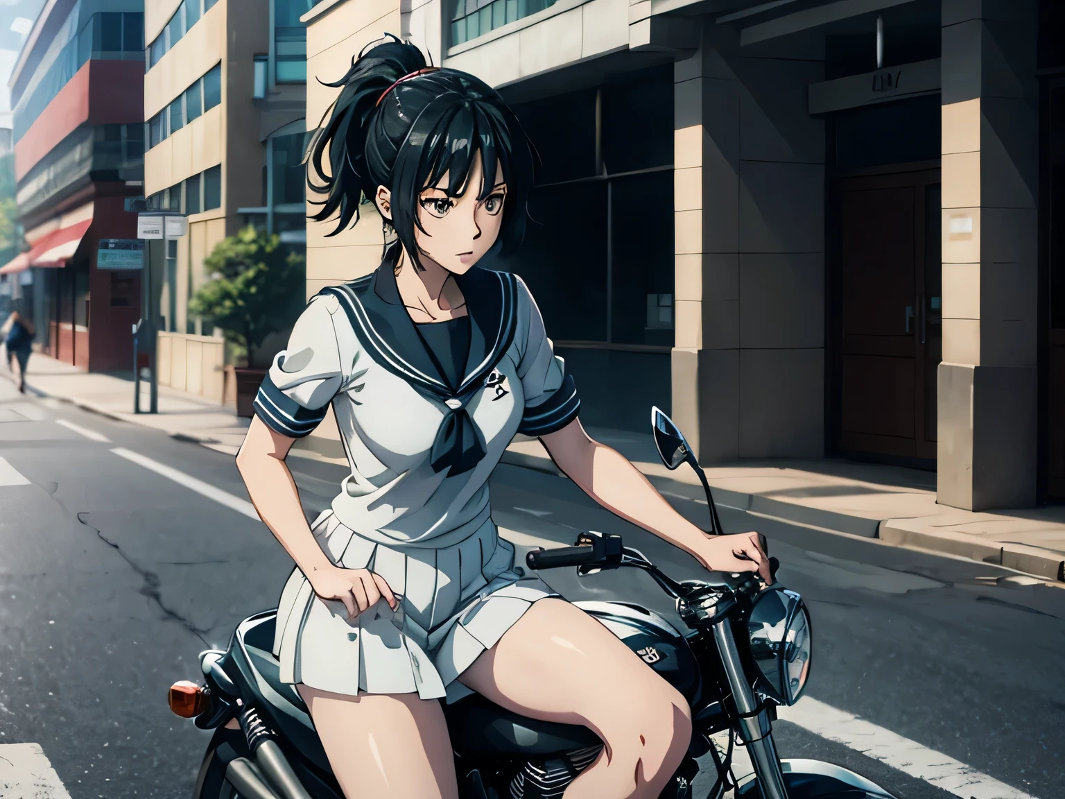 anime、 high image quality、 high definition 、(((A female student in a sailor suit is sprinting on a motorcycle)))、 ponytail、Shopping Street、