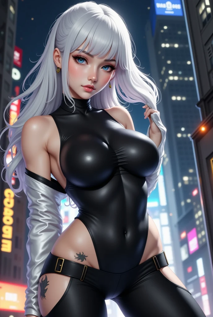 girl hacker,(((1girl))),((girl with extremely cute and beautiful silver hair)),

(large breasts:1.4),saggy breasts,(((silver hair:1.35,straight hair,long hair:1.4,colored inner hair,ear breathing))),(((blue eyes:1.3))),intricate eyes,beautiful detailed eyes,symmetrical eyes,((fat)),((((pale skin,lustrous skin:1.5,bright skin: 1.5,shiny skin,very shiny skin,shiny body,plastic glitter skin,exaggerated shiny skin,shiny skin like ebony,illuminated skin,wet legs))),(spider lower abdomen,narrow waist,wide hip,athletic body,inflated legs,delicate detailed fingers,detailed body,human hands,(detailed face)),

cute,slutty,seductive,erotic,(nsfw),

zettai ryouiki,revealing clothing,show skin,((hacker outfit,visible thong straps)),(wearing a hacker outfit:1.3,hacker clothes),((wet clothes,intricate outfit,intricate clothes)),

(dynamic pose:1.0),solo focus,((evil smile,evil look)),(centered,scale to fit dimensions,Rule of thirds),

cyberpunk city by the ocean at night, with bright neon signs and dark stormy clouds and puddles, scenery:1.25,

highres, sharp focus, (ultra detailed, extremely detailed), (photorealistic artwork:1.37),(extremely detailed CG unity 8k wallpaper),((synthwave background theme)),(((vibrant colors))),(intricate background),(masterpiece),(best quality),