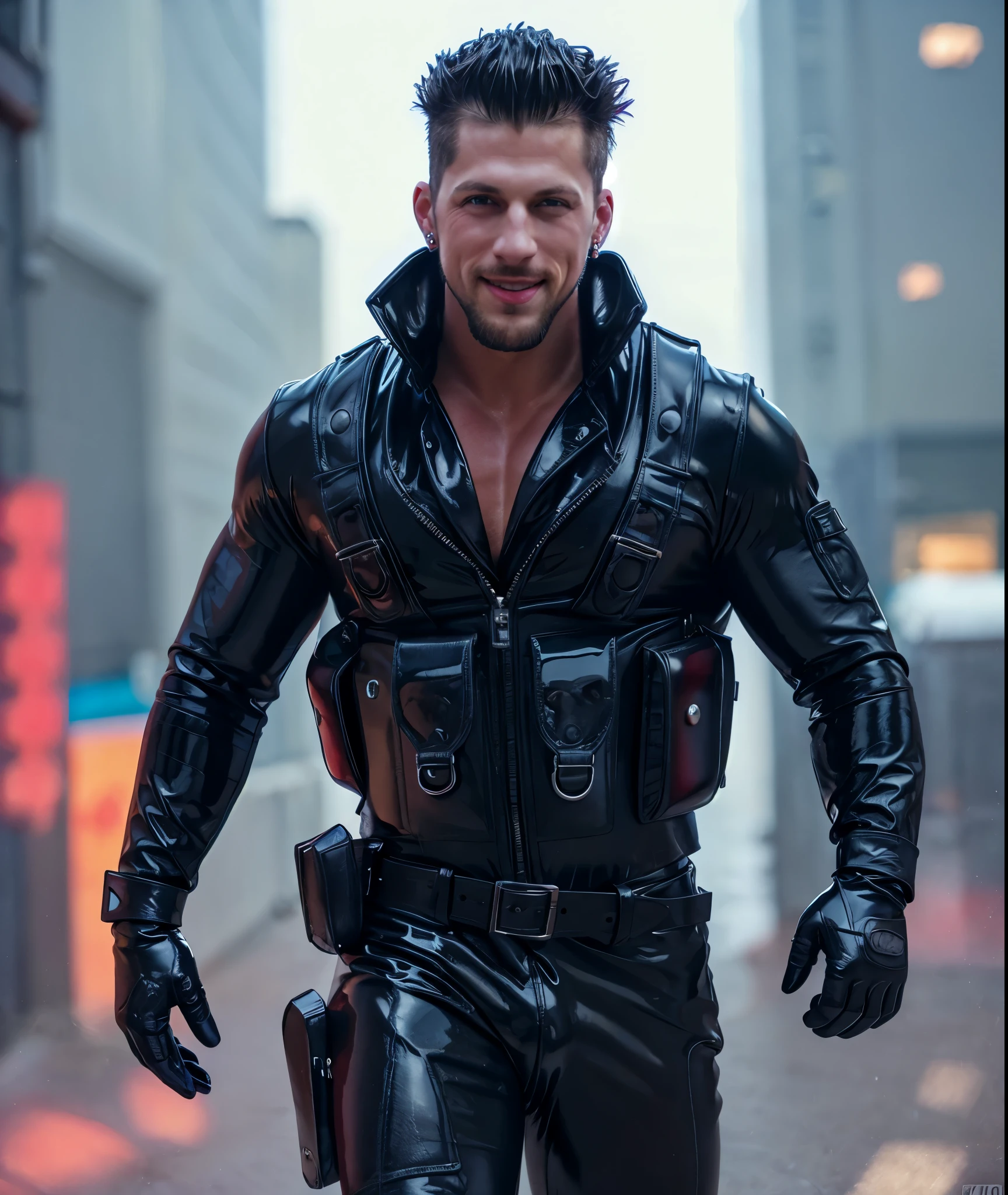 Roman Todd mohawk, goatee, diamond earrings, huge muscles, huge breasts, shiny latex, latex gloves, huge crotch bulge, smile, highly detailed, photorealistic, 8K, HDR,