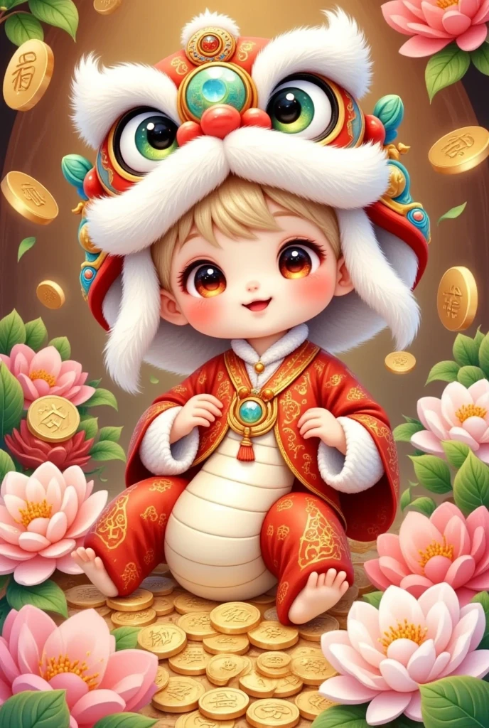 🐍，(美丽的男孩头上戴着中国lion hat特写)，lion hat， spits out his tongue ， cute faces，Lie on a coin，Rain of coins in the air。Flowers，