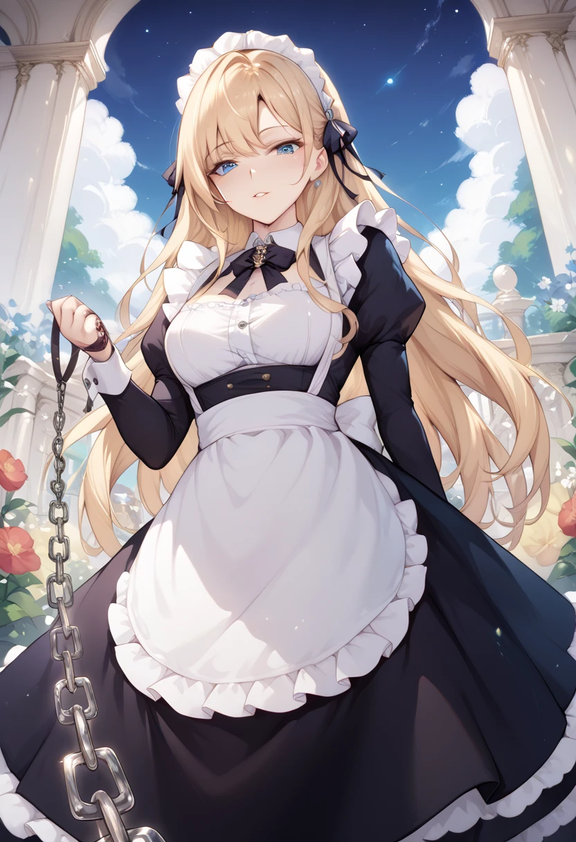  beautiful long blonde　maid, maid apron, maid headdress, puffy sleeves　Garden at Night　 whole body　 Viewer on Leash　CHAIN LEASH　PULL LEASH　 low angle　 Long Skirt　Outdoor