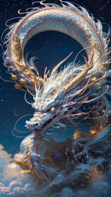 Silver dragon god, gentle gaze, fantastic background, moonlight background, sea of clouds background, golden splashes, mysterious, divine light, mythical creature, traditional Chinese dragon, myth, speckled light, hazy haze, mysterious aura, masterpiece, fantastic, elegant dragon, good fortune, fantasy art