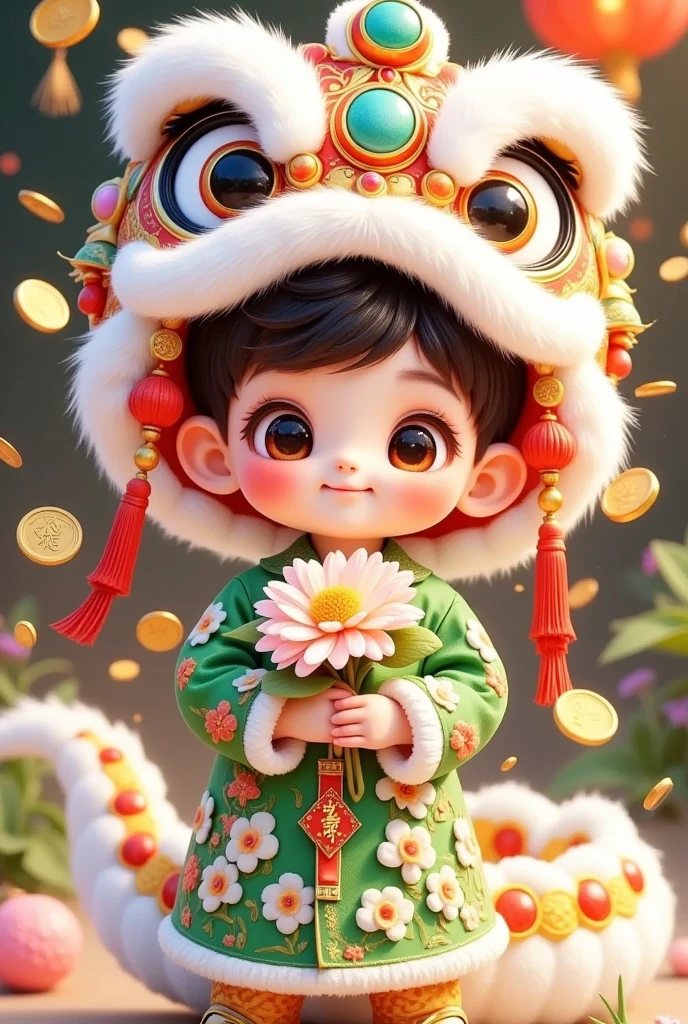 🐍，(美丽的男孩头上戴着中国Lion hat特写)，Lion hat， cute faces，Rain of coins in the air。Tails in a bunch of flowers，