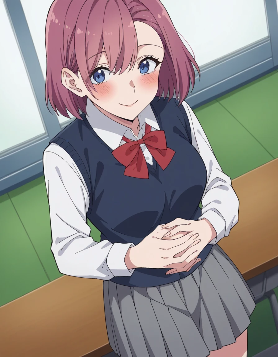 score_9, score_8_above, score_7_above, source_anime, Disturb,  short hair, cups,  Blue Eyes, pink hair, fringe,  medium breasts, mature female,, skirt, bow,  school uniform , jacket, pleated skirt, grey skirt, knitted vest,  collared shirt ,,, hotel room, to smile,  hands on the stomach , Blush,,  looking at the viewer , Alone,,  Dutch angle, cowboy shot