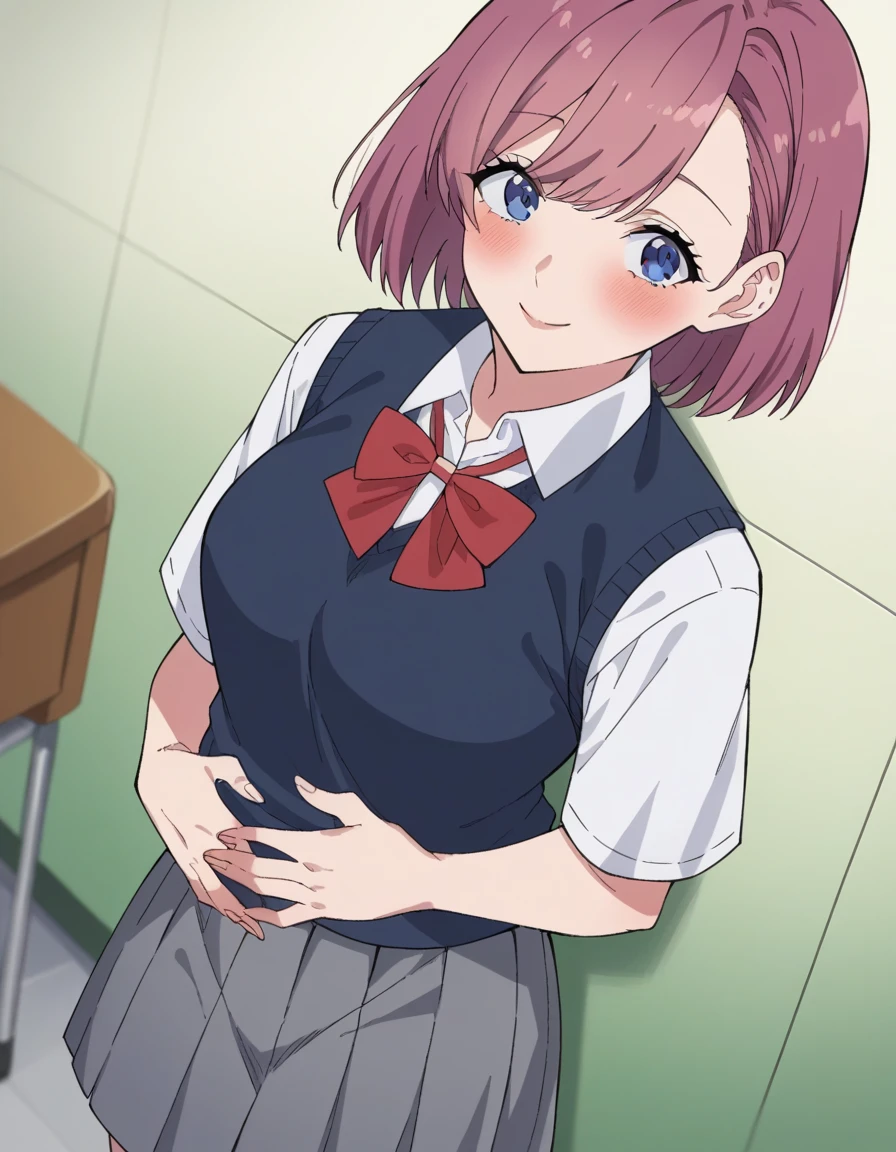 score_9, score_8_above, score_7_above, source_anime, Disturb,  short hair, cups,  Blue Eyes, pink hair, fringe,  medium breasts, mature female,, skirt, bow,  school uniform , jacket, pleated skirt, grey skirt, knitted vest,  collared shirt ,,, hotel room, to smile,  hands on the stomach , Blush,,  looking at the viewer , Alone,,  Dutch angle, cowboy shot