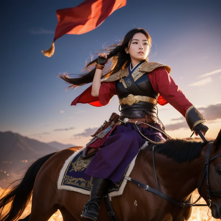 ((Best quality at best)), ((tmasterpiece)), (Detailed pubic hair), a chinese female general，Wearing red cloth，Black boots，Silver armor and helmet，holding a longsword，Riding on a horse and running on the grassland，frontage，The character has a large range of movement，Close-up，The two-dimensional style distant view is mountains，eventide，eagle