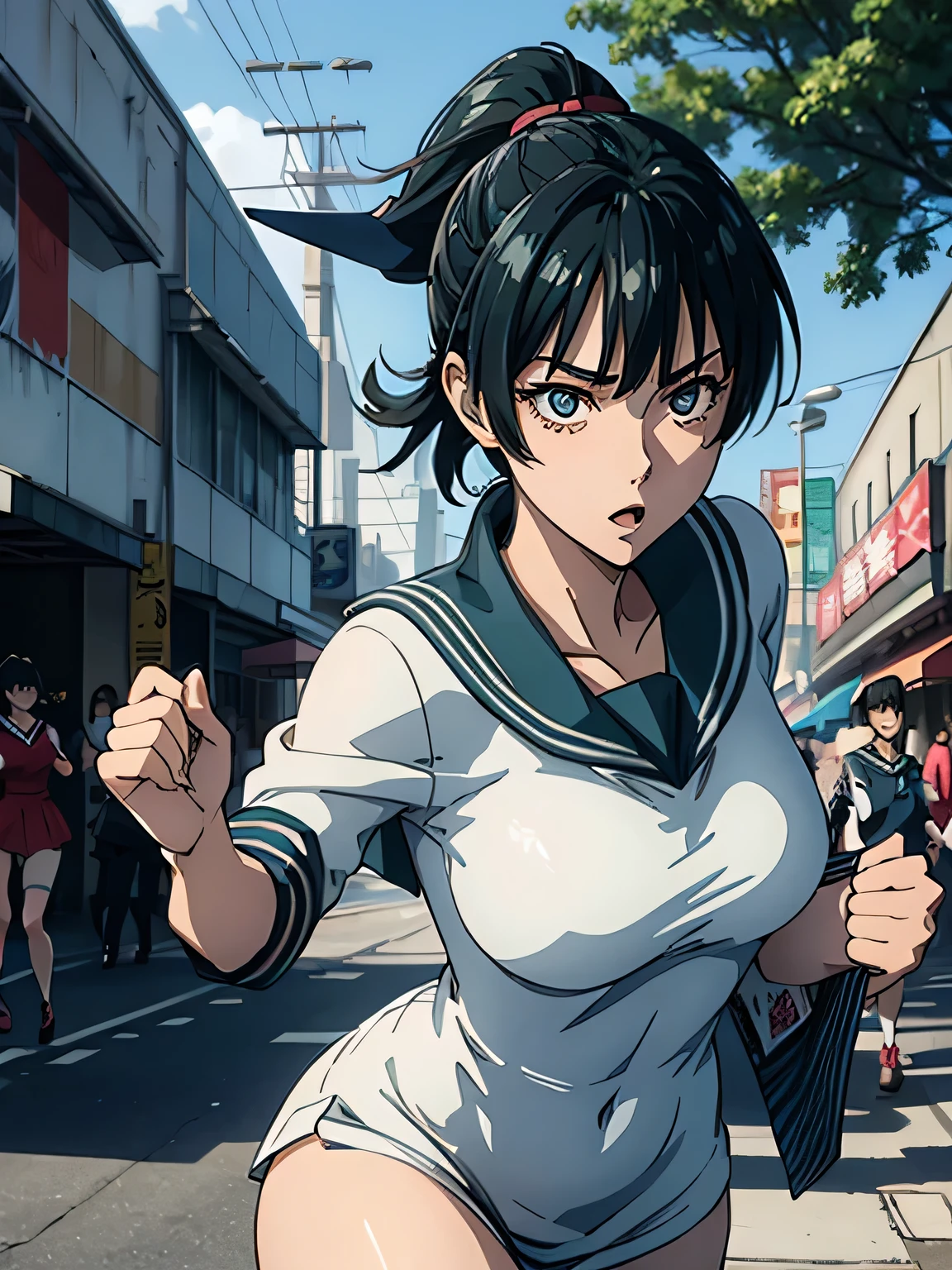 anime、 high image quality、 high definition 、((( female students in sailor suits are running fast)))、 ponytail、Busy shopping district 、arcade