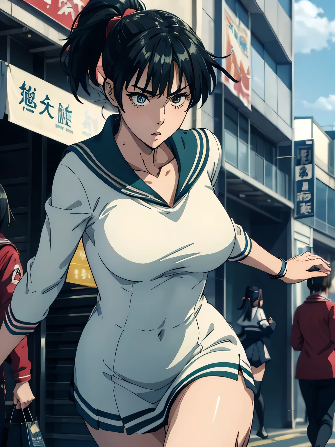 anime、 high image quality、 high definition 、((( female students in sailor suits are running fast)))、 ponytail、Busy shopping district 、arcade