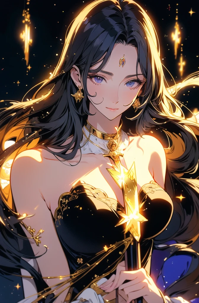Woman with very long wavy black hair and huge unrevealing breast wearing a bright glitter dress and smiling up. Little, surrounded by the night sky
