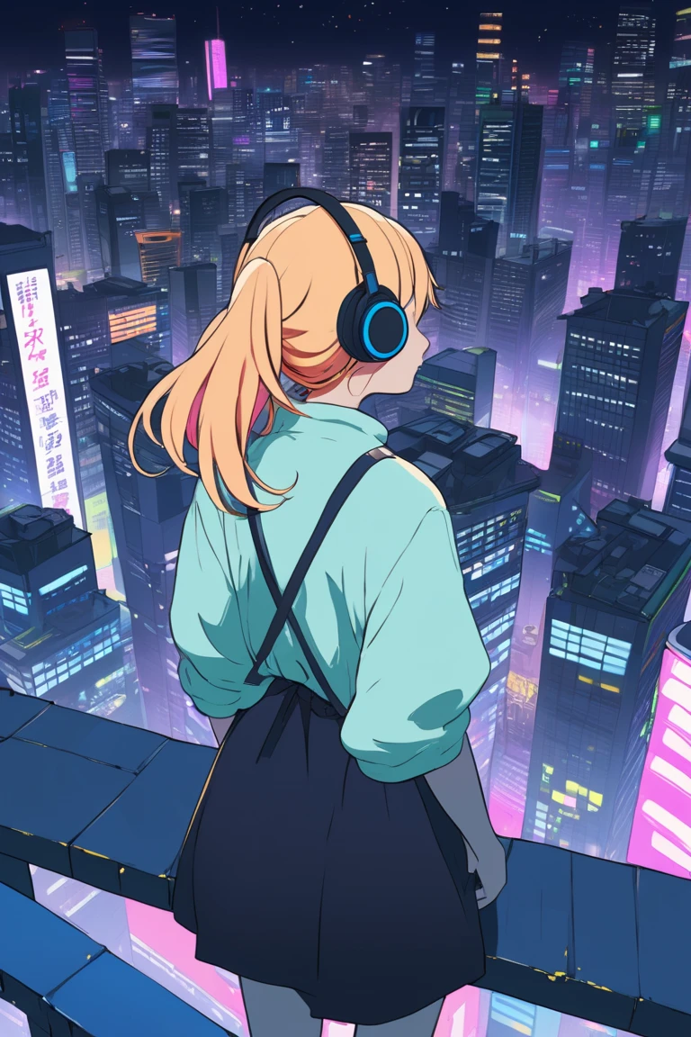 Lofi Midnight City 　 city pop　anime　 rear view of a girl wearing headphones standing on the roof of a 40-story building　Back view of a girl wearing headphones seen from the roof of a 　 hair fluttering in the wind　