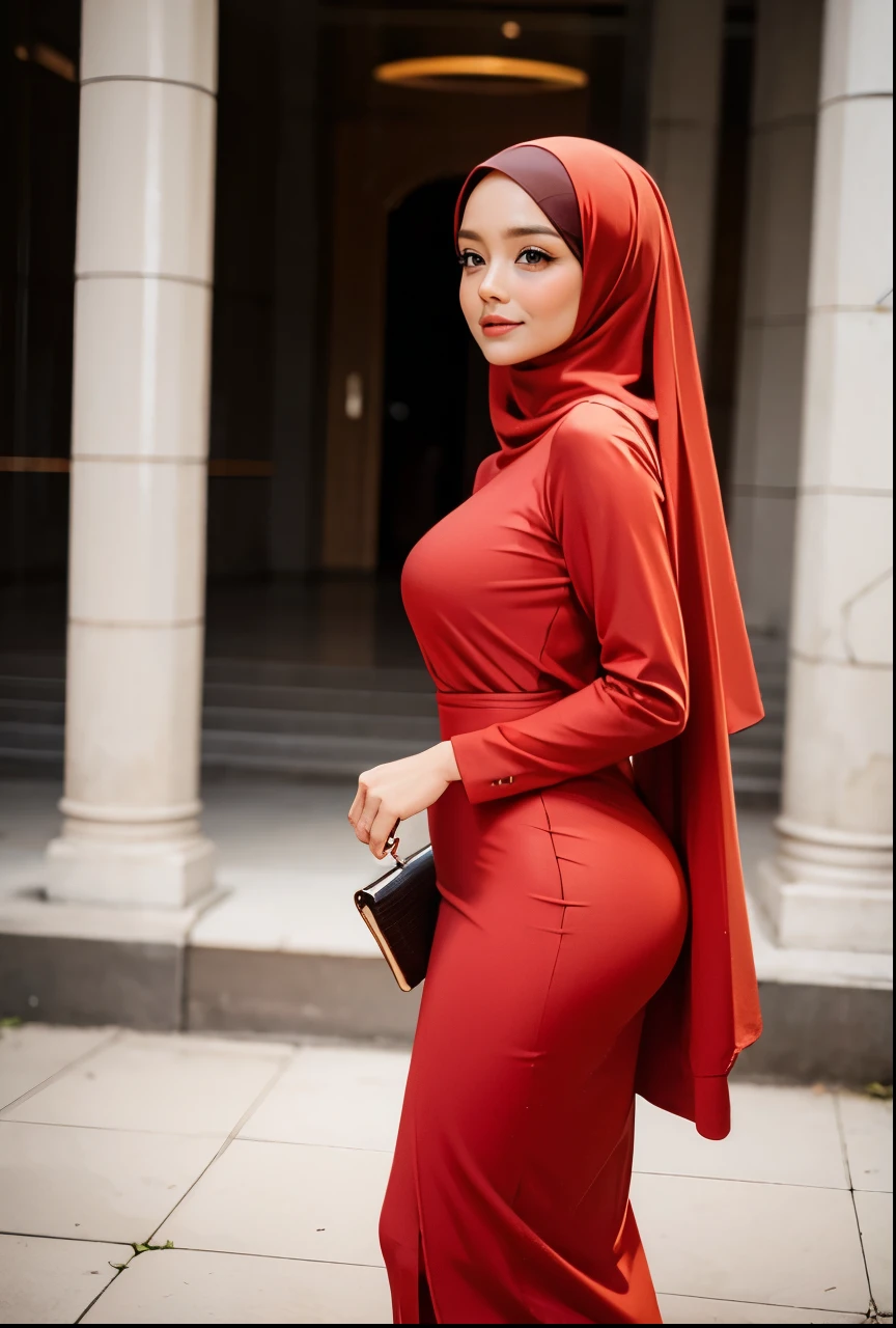 1 lady, 30 years old, hijabi, wearing tight malay baju kurung, fine wrinkles, walking shot, standing outside a hall, fishnet malay baju kurung, (big breast 1.8), wearing plain hijab, short hijab, confident, beautiful, body shape, revealing, less cloth hanging, skin tight at breast area, side view, ass up, cleavage visible