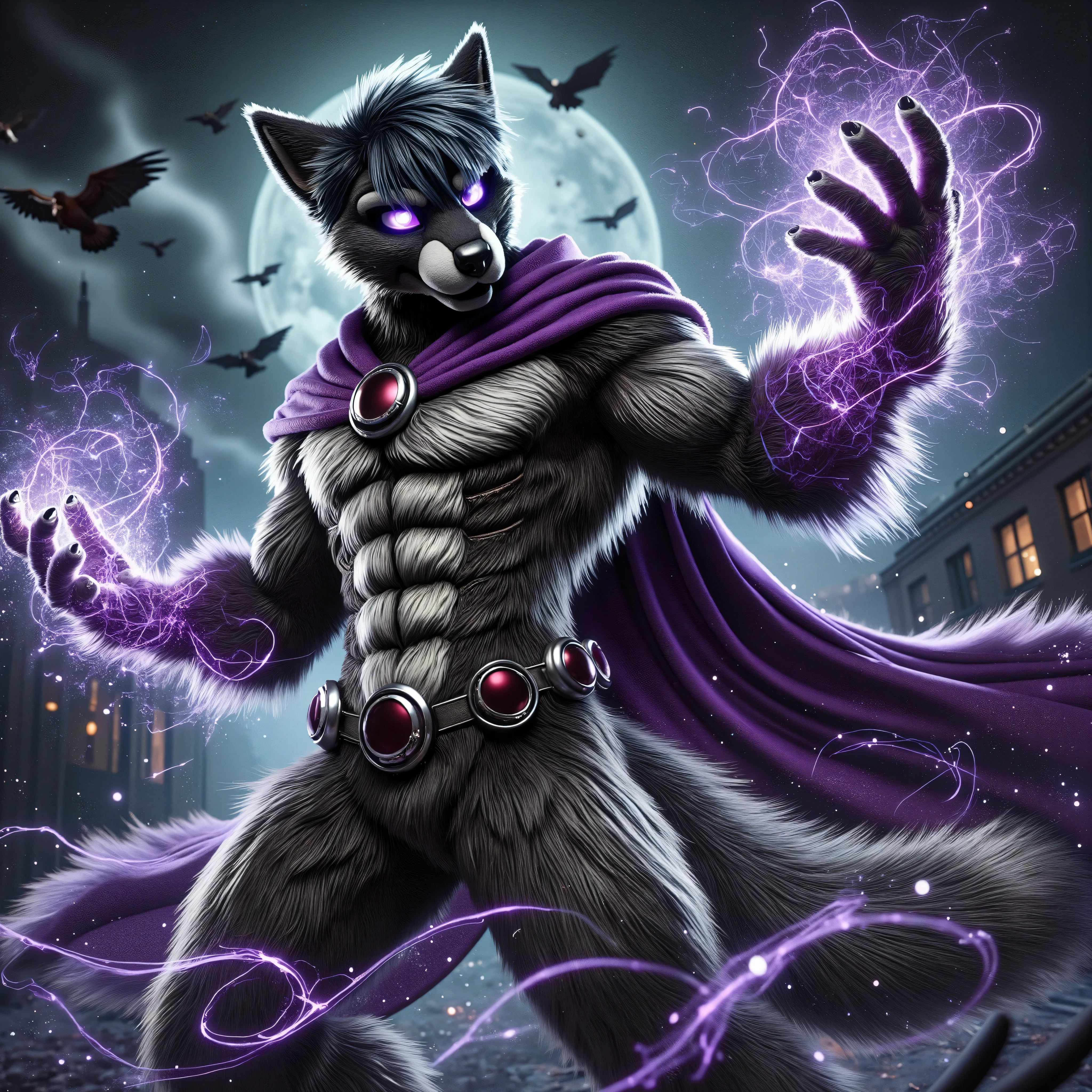  hyper-realistic 3D rendering of a muscular male werewolf dressed as Raven from the original 2003-2006 series **teen titans** Animated series,  her muscular body surrounded by darkness ,  ethereal energy as she summons her powers .  Her fur is a mix of deep purple and black ,  and her eyes shine with a violet intensity .  Raven is in a powerful combat posture ,  the rotating magic energy surrounding her hands as she gets ready to attack . The background is ominous ,  urban setting With faint light coming from distant buildings . The atmosphere is tense,  filled with a sense of impending battle .  The scene captures Raven's inner power and determination ,  with highly detailed CyberRealist lighting projecting sharp contrasts in her shape and in the background .  The rendering is in Ultra HD 8K ,  showing cinematic realism and hyper-realistic textures ,  bringing all the intricate details of her skin suit and the magical energy surrounding her .