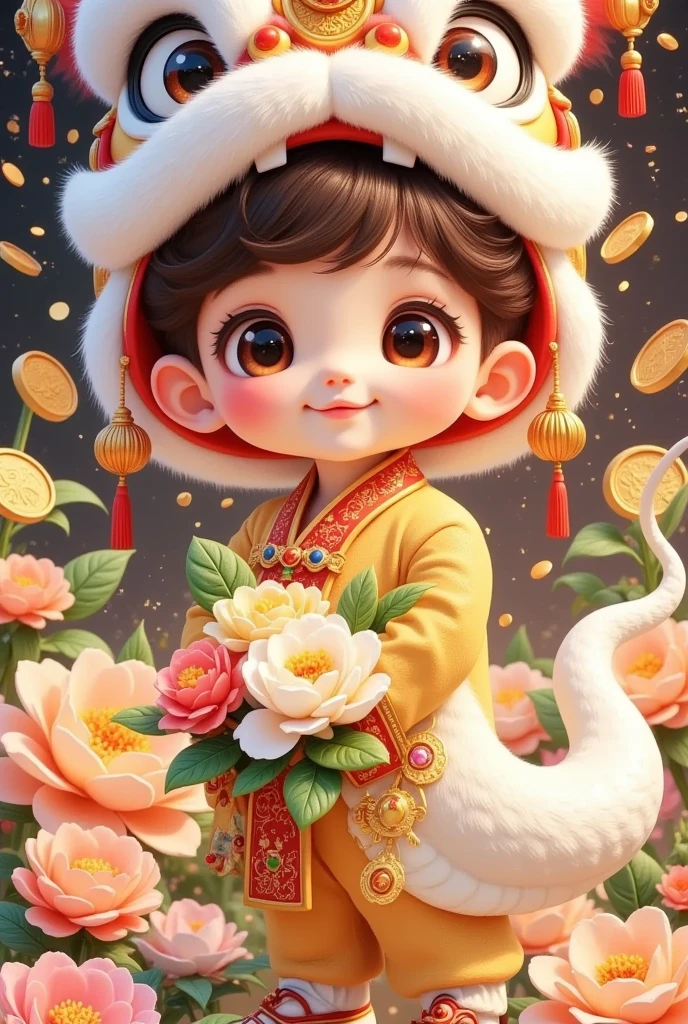 🐍，(美丽的男孩头上戴着中国lion hat特写)，lion hat， cute faces，Rain of coins in the air。Snake tail in a bunch of flowers，