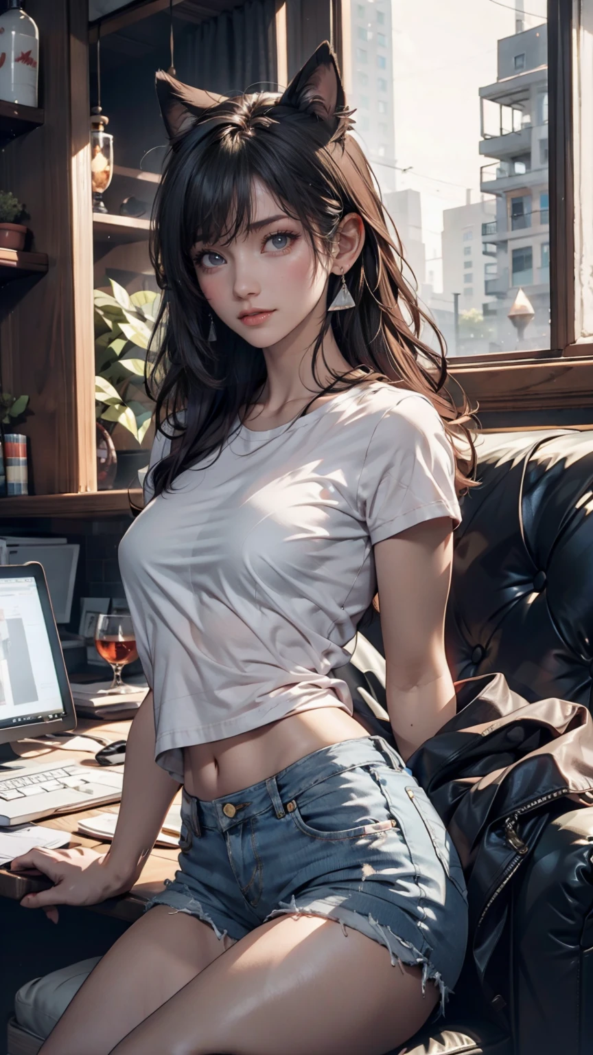 18-year-old female、Twin tails、Hot pants on a t-shirt、A cute teenage girl's room、Playing electric guitar、Headphones are hanging around your neck、Medium chest、Long legs、