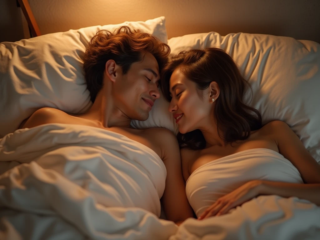 Tall girl sleeping in her bed with her short boyfriend