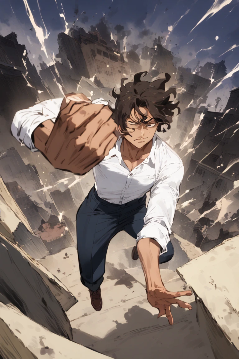 (Make a anime teenager boy in a school outfit, shounen art style) floating in mid air menacingly, scary looking , with his psychic aura surrounding him, his aura also destroying buildings in the back ground. his figure 22-year-old, with a muscles but not too much. His tousled dark brown hair, intermingled with playful strands of lighter tan, danced in the gentle breeze, often falling haphazardly over his brow. The tousled locks framed his angular face, where bright, expressive yellow, brownish eyes sparkled with an innocent curiosity—a striking contrast to the fierce determination often hidden beneath his nonchalant exterior.


make him wear a white button down rolled up sleeves shirt, with light brown slacks pants, right sleeve of the pants is burnt off up to his knee cap, with some shoes that looks like it's boosting his power, and energy 





