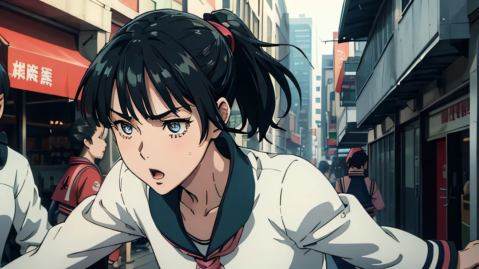 anime、 high image quality、 high definition 、((( female students in sailor suits are running fast)))、 ponytail、Busy shopping district 、arcade