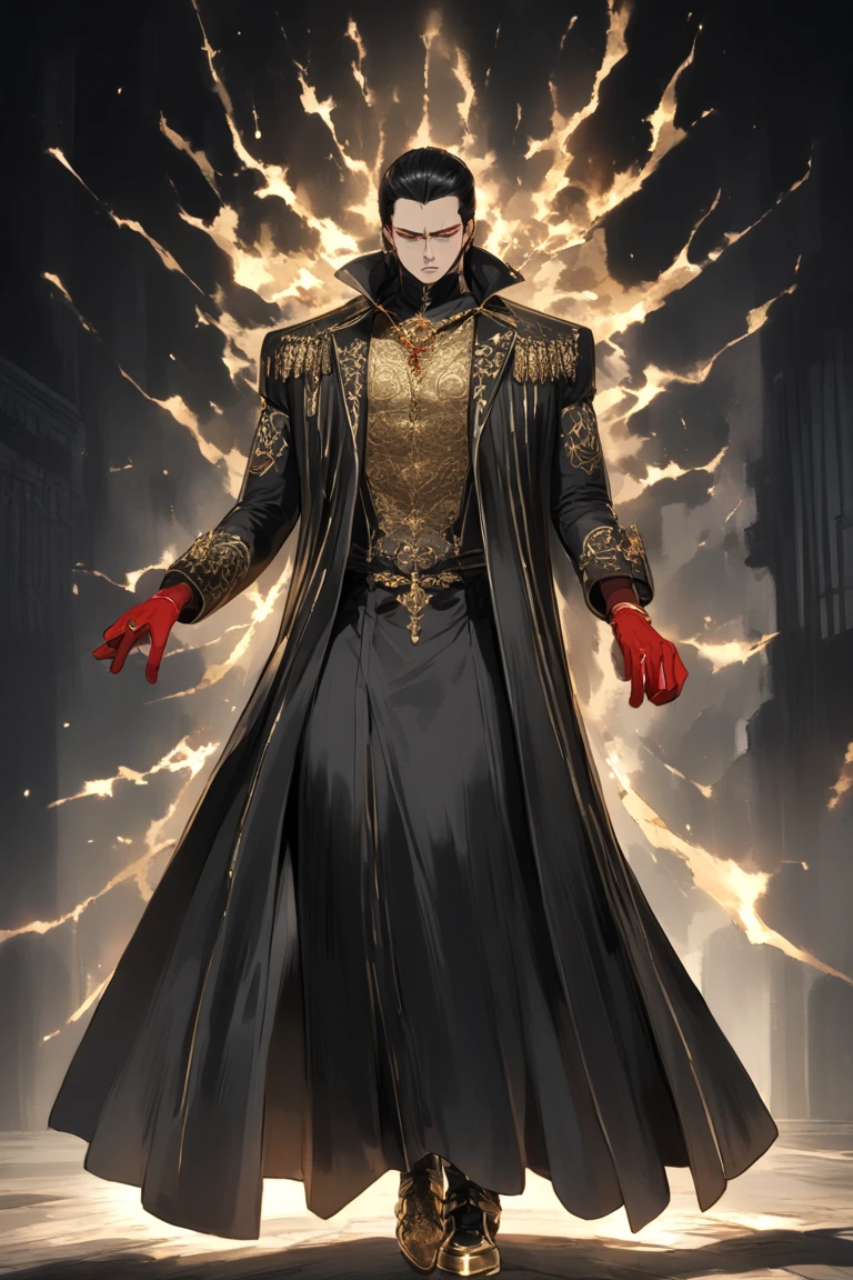 make a anime man, shounen art style, Height: 6’5” (196 cm)
Hair: Jet-black, slicked back with streaks of ash-gray running through.
Eyes: Piercing gold with slit pupils, glowing faintly like a predator in the dark.
Skin: Pale, almost sickly, with veins of shadow-like energy running up his arms and neck.
Aura: Oppressive and suffocating; the air around him feels cold, as if hope itself is being drained.
Outfit
Main Colors: Black, crimson, and metallic gold.
Top: A long, black military-style coat with crimson accents and a high collar. The coat’s interior glimmers with shifting, shadowy patterns.
Accessories:
A golden chain draped across his chest, attached to the coat like a warlord’s badge of authority.
Crimson gloves with gold embroidery, hiding hands that pulse with dark energy.
Bottoms: Tailored black trousers with subtle crimson stitching.
Shoes: Polished black boots with gold plating on the toes and heels.
