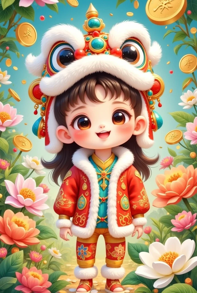 🐍，(美丽的男孩头上戴着中国lion hat特写)，lion hat， cute faces，Rain of coins in the air。Flowers，Hide your little tail，