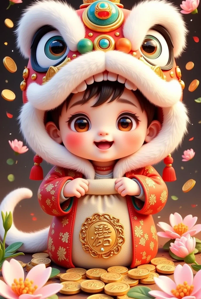 🐍，(美丽的男孩头上戴着中国Lion hat特写)，Lion hat， cute faces，Hiding in a bag，Rain of coins in the air。Flowers，