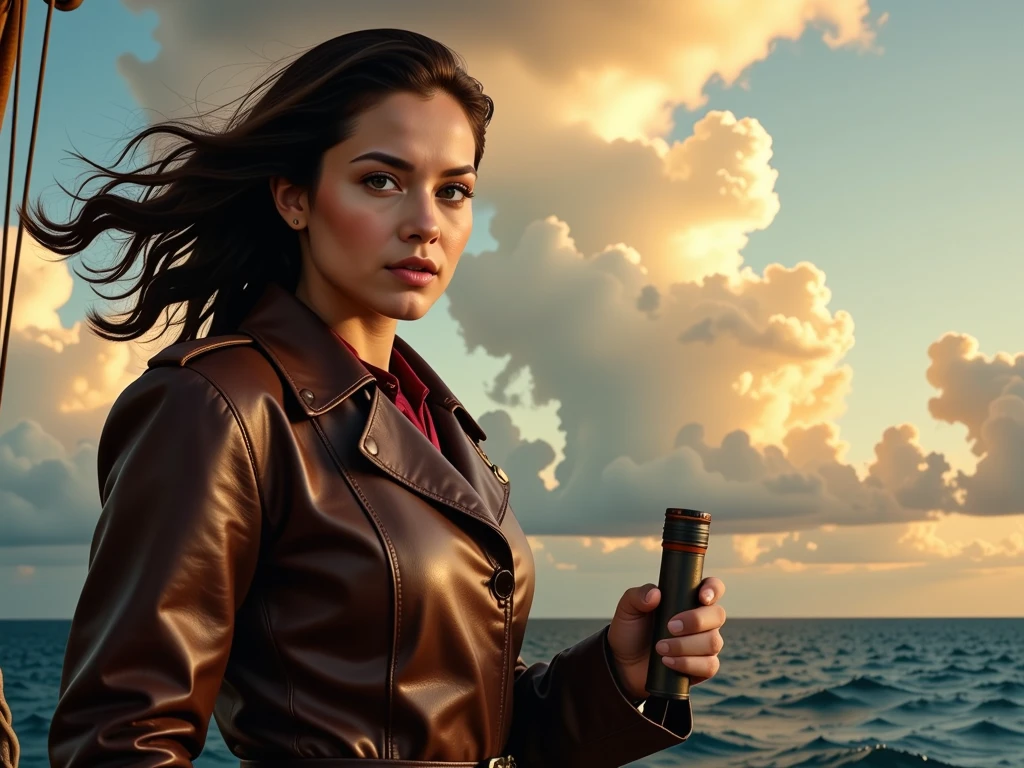 Calyx, a wiry 28-year-old woman with piercing green eyes and a leather coat, standing confidently on the airship’s prow, gripping a spyglass. Wind ruffles their coat, the sky glowing with golden ether clouds. Photo-realistic style, dynamic angle.