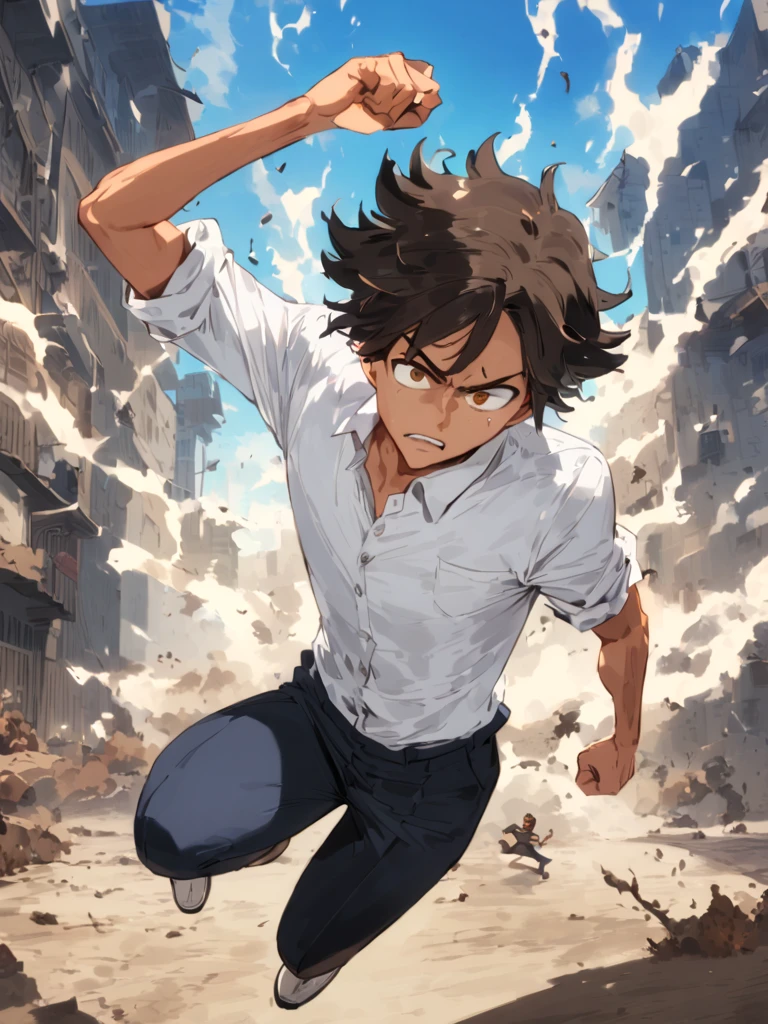 (Make a anime teenager boy in a school outfit, shounen art style) floating in mid air menacingly, scary looking , with his psychic aura surrounding him, his aura also destroying buildings in the back ground. his figure 22-year-old, with a muscles but not too much. His tousled dark brown hair, intermingled with playful strands of lighter tan, danced in the gentle breeze, often falling haphazardly over his brow. The tousled locks framed his angular face, where bright, expressive yellow, brownish eyes sparkled with an innocent curiosity—a striking contrast to the fierce determination often hidden beneath his nonchalant exterior.


make him wear a white button down rolled up sleeves shirt, with light brown slacks pants, right sleeve of the pants is burnt off up to his knee cap, with some shoes that looks like it's boosting his power, and energy 





