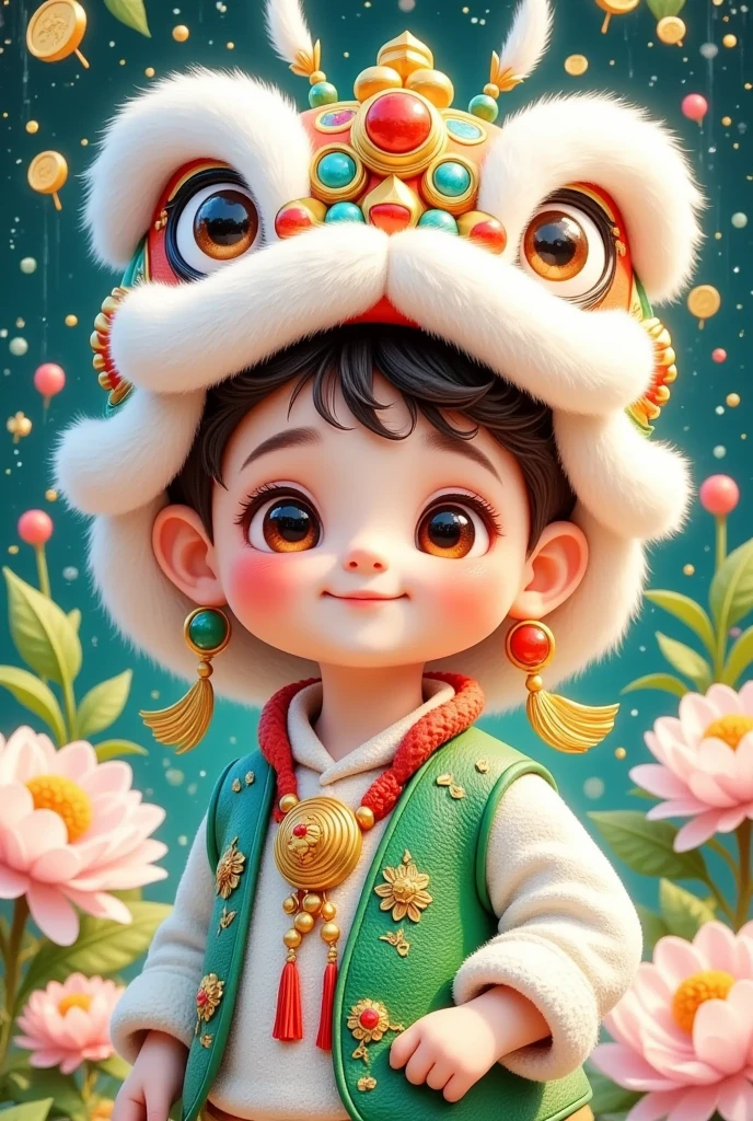 🐍，(美丽的男孩头上戴着中国lion hat特写)，lion hat， cute faces，Rain of coins in the air。Flowers，Little Tail ，