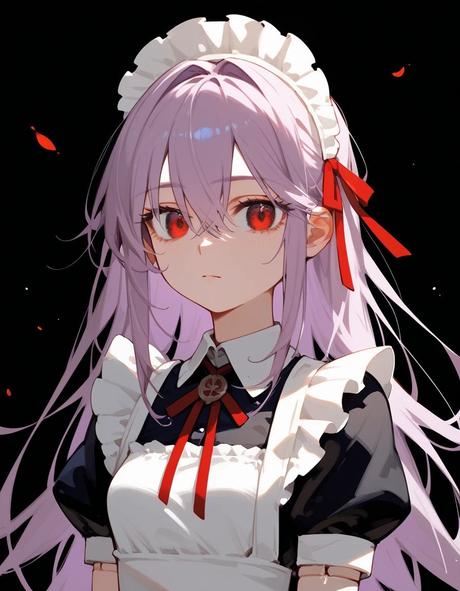 (Score _9, Score _8_climb, Score _7_climb), 1 girl, Upper part, Maid outfit,  with irrational long hair,  Light Purple Hair,  Long bangs ,  hair between eyes, Eyes that can be seen through hair, conjunctivitis,  doll joints , Viewing Audience, neutral, Inexpressive , Small breasts, stand,  arms on the sides ,  Tilt your head,  black background,  simple background, in red eyes ,Midshid,Short sleeve shirt