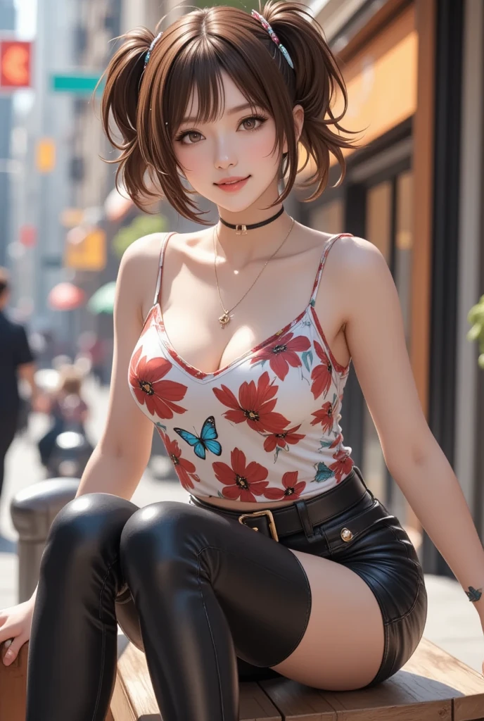 cute woman, twintails, vivid and seductive expression, floral camisole, hot pants, heavy boots, girl style sitting, blue butterfly tattoo, background colorful, copper plated, dull silver, effective effects, bold and dynamic, contrasts of light and shadow, 2.5D, ultra detailed, absolutely resolution, masterpiece