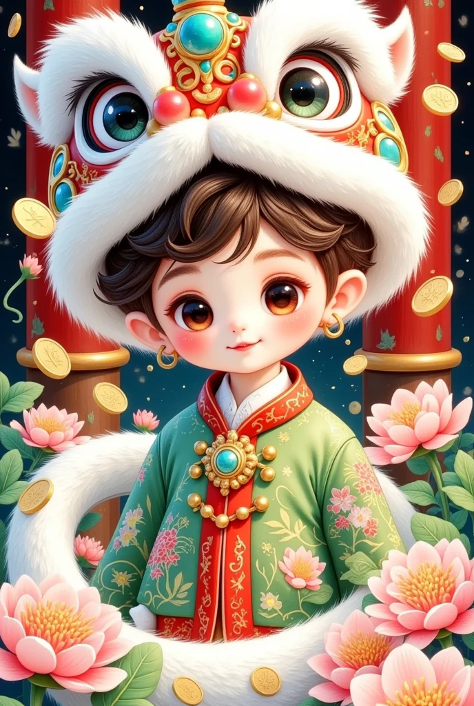 🐍，(美丽的男孩头上戴着中国lion hat特写)，lion hat， cute faces，Rain of coins in the air。Flowers，white snake tail，