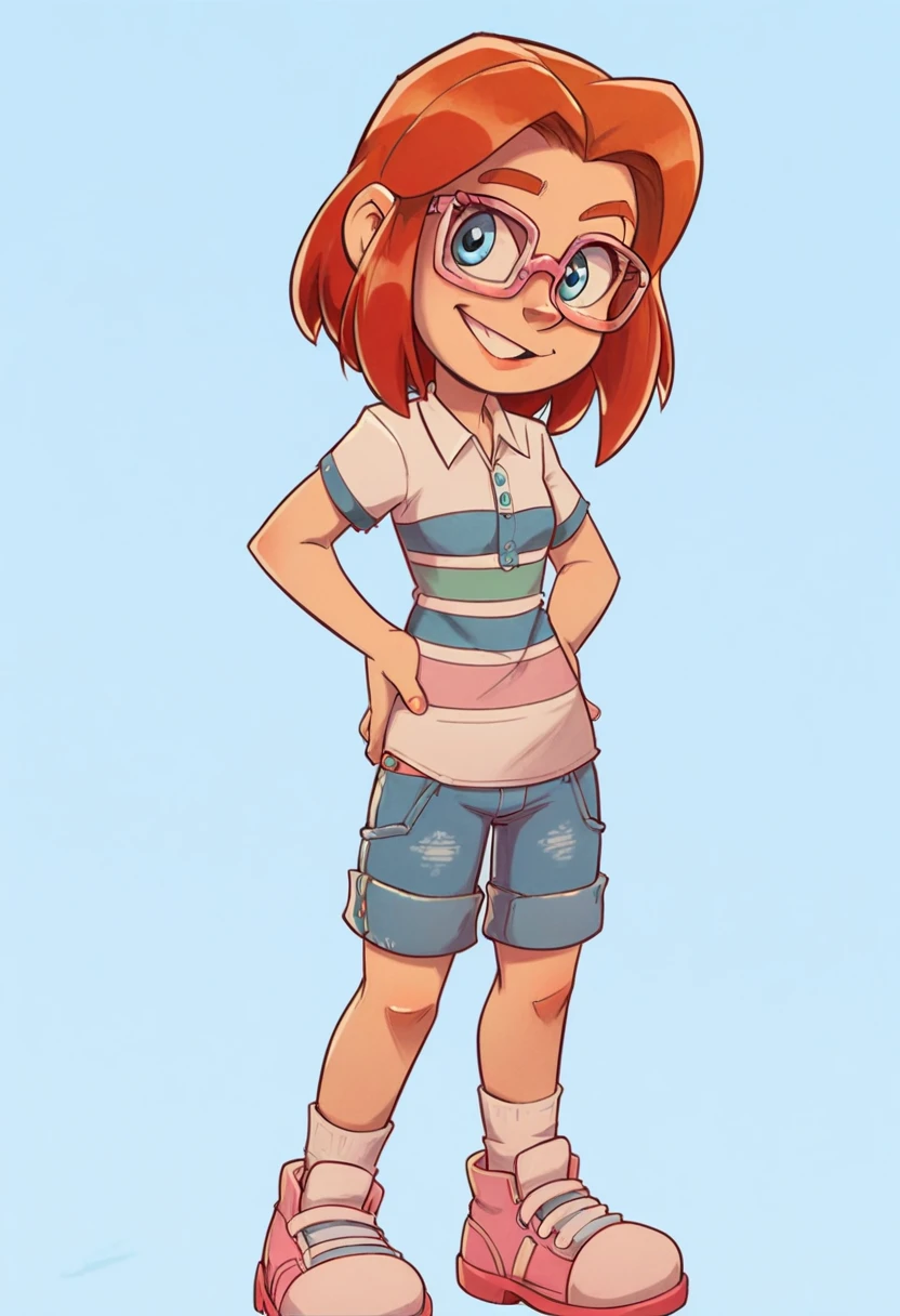 1girl, solo, SUMMERCHAPMAN, red hair, blue eyes, glasses, shirt, denim shorts, white socks, pink footwear, full body, Standing, Hands ln hips, smiling, raising Her left eyebrow, Blue Background