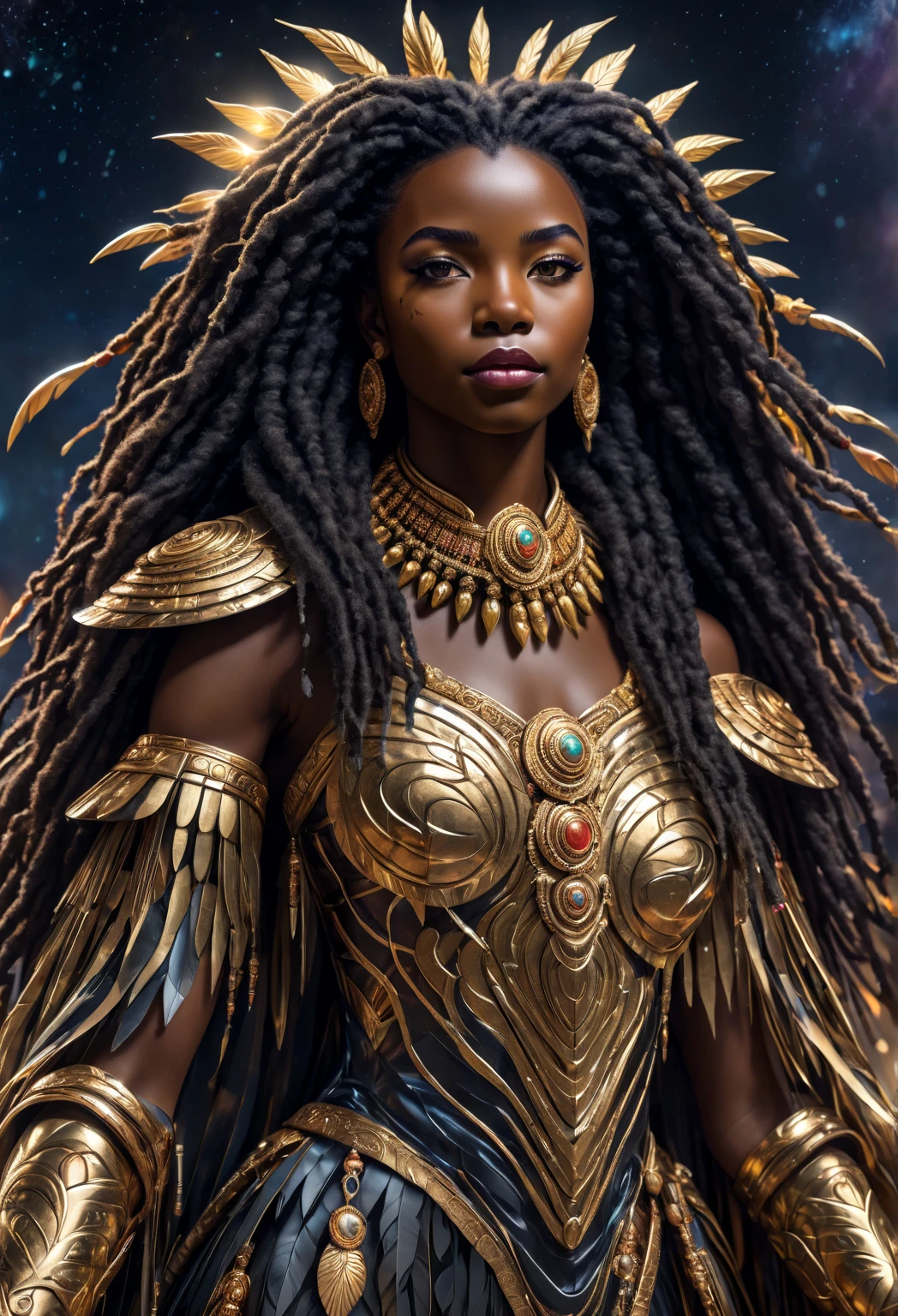 A stunning young African princess from the Mpologoma clan in Buganda, draped in a majestic lion fur cloak, symbolizing her royal heritage. Set in a futuristic African kingdom engulfed in the chaos of war, she stands side-by-side with a powerful young king. The princess has long, flowing black curly hair, and the king has sleek, flowing black hair. Their faces are flawless, radiating beauty, courage, and nobility. They wield luminous swords and lances, their commanding poses reflecting strength, grace, and unity.

The scene is dramatic and vibrant, with a war-torn futuristic African landscape illuminated by soft, natural volumetric lighting and chiaroscuro shadows. Their celestial auras evoke love and unity amid the turmoil. Hyper-realistic, 8K photorealistic details highlight the texture of the lion fur, their facial features, and their regal attire. The art blends vivid realism, masterful composition, and lifelike precision, capturing the grandeur of royalty and the gravity of war.