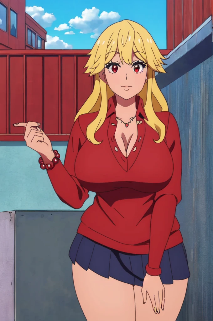 ((best quality)),((highly detailed)),masterpiece,absurdres,detailed face,beautiful face,(detailed eyes, deep eyes),1girl,  Tomo, ((red eyes)), black short skirt , sky, day, cloud, pleated skirt, School rooftop, looking at viewer, open clothes, standing, loose uniform showing cleavage, Gyaru, Big breast, ((full tanned skin)), Glossy lips, a lot of earpiercing, Necklace with heart shape,Bracelet, Half eyes expression, Smirk, feminim,((1girl)),((Solo)),Spouty mouth,Thick lips,colored Long nail,Stylish thick wavy hair,Celeb wavy hair,Tight tights,H cup,Gyaru rings,((Big bouncy breast)),Curvy figure,Half eyes open expression,((((school uniform with long sleeve red sweater )))),unbuttoned school uniform,cleavage,Solo,Heart shape emote,Detailed hand,Thick lips,half eyes,Humongous Breast,Dangerous cleavage,Stand out cleavage,Eyelash,((yellow blond colored hair)),Colorless lips,Enchanched breast,Show off cleavage,Body facing front,Gaze on viewer,Stud earring,Needy girlfriend,Needy bitch behaviour,Chocker,Detailed hand,Crossing hand,Swaying hips,puckered lipa expression,1hand crossing arm,white collar,Cleavage,Loose sweater