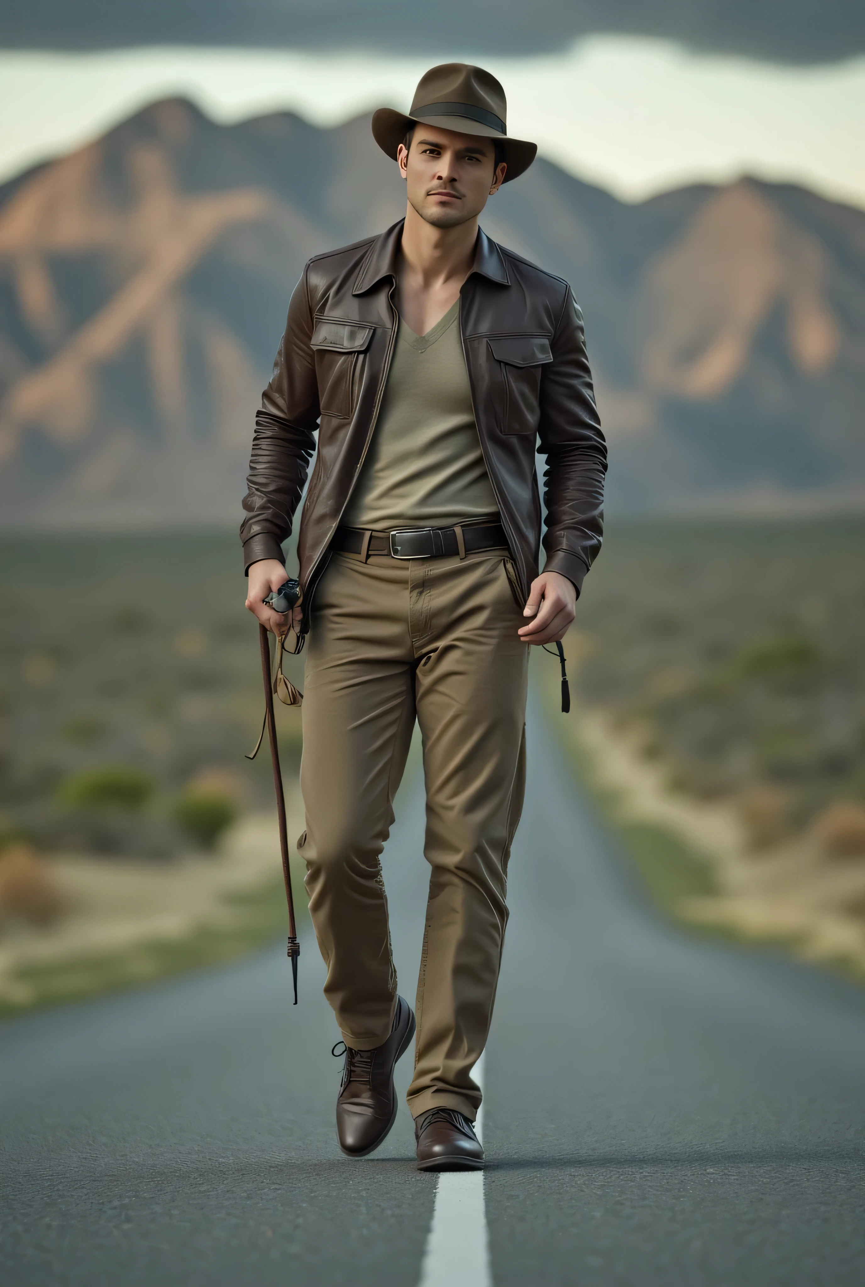  engraved image of a modern explorer walking down a road wearing a fedora hat, an open brown leather bomber jacket over an earth-brown shirt,  khaki chinos light earth tones, Stylish self-confident, desert landscape, summer, sunset, A digital representation of Indiana Johnson,  he carries a bullwhip and has a holster for a revolver, vintage advertisement of Levis, 1990s style clothing,  casual wear,  style by Jordan Grimmer,  90s Fashion, cool style, chiaroscuro, depth of field, cinematic lighting, Fujicolor, UHD, Retina, Masterpiece, Accurate, anatomically correct, textured skin, Super detail, high details, high quality, award winning, best quality, highres, 1080P, HD, 16K