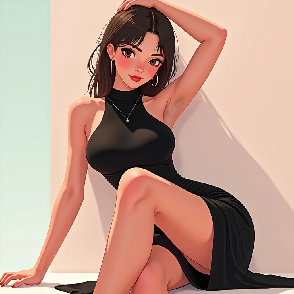 Marinette in a very short black dress, sitting with her legs crossed showing her bare leg
