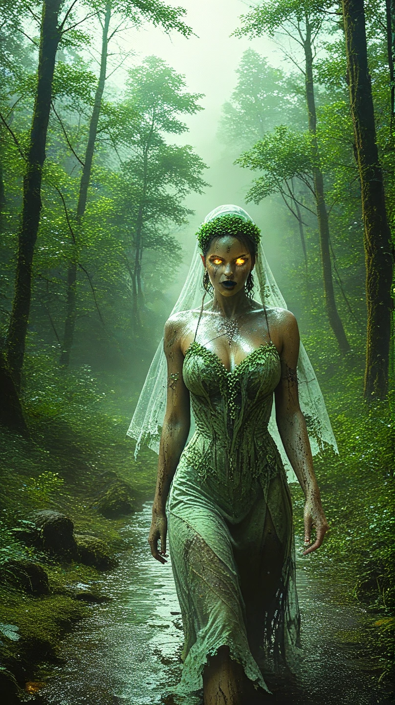 create a moving image of an undead woman with weird skin, with glowing eyes with a veil on her head walking in the gloomy, damp and dark forest with fog