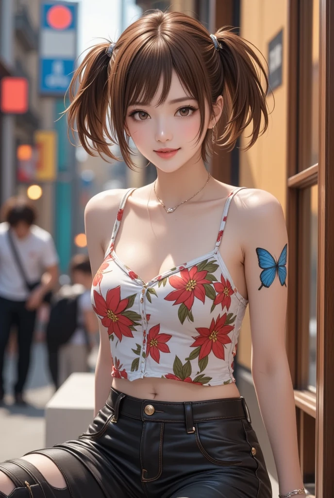 cute woman, twintails, vivid and seductive expression, floral camisole, hot pants, heavy boots, girl style sitting, blue butterfly tattoo, background colorful, copper plated, dull silver, effective effects, bold and dynamic, contrasts of light and shadow, 2.5D, ultra detailed, absolutely resolution, masterpiece