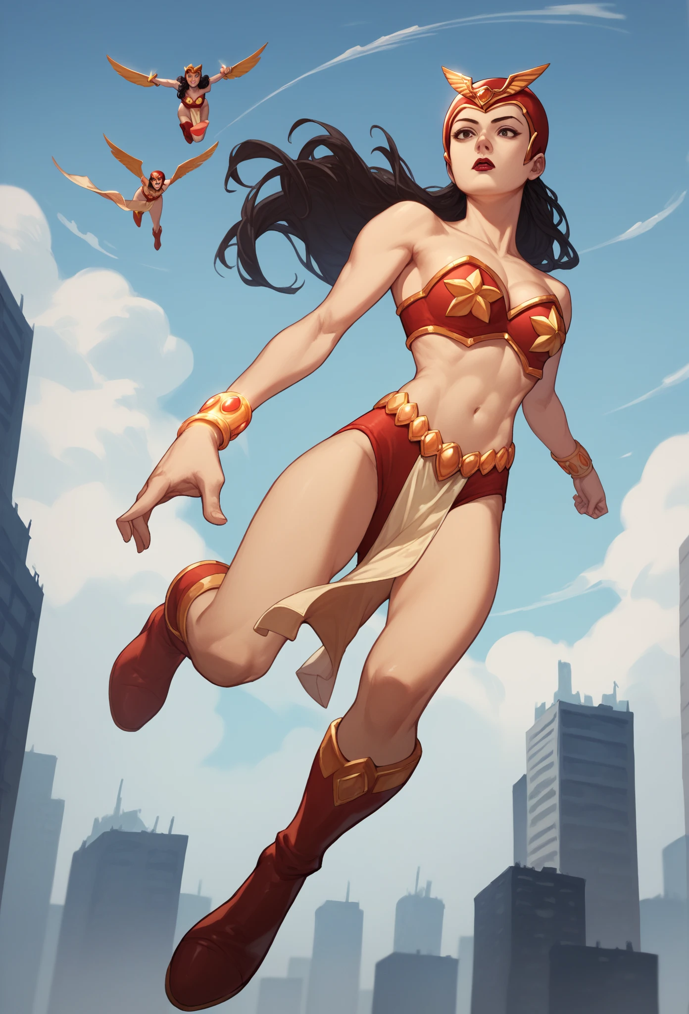 score_9, score_8_up, score_7_up, BREAK
1girl, darna, black hair, long hair, brown hair, lipstick,
helmet, bare shoulders, bikini armor, boots, bracelet, cleavage, loincloth, midriff, navel, pelvic curtain, 
blue sky, flying, city below,  