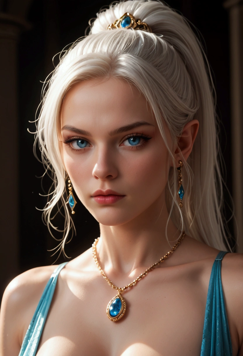 A fierce woman with short white hair and piercing blue eyes sits outdoors, her black gloves gripping a weapon as she stares directly at the viewer. Her lips are slightly parted, revealing a hint of danger as she holds her ground against a blurry background. She wears elegant jewelry and a scarf, adding a touch of sophistication to her otherwise intense appearance.