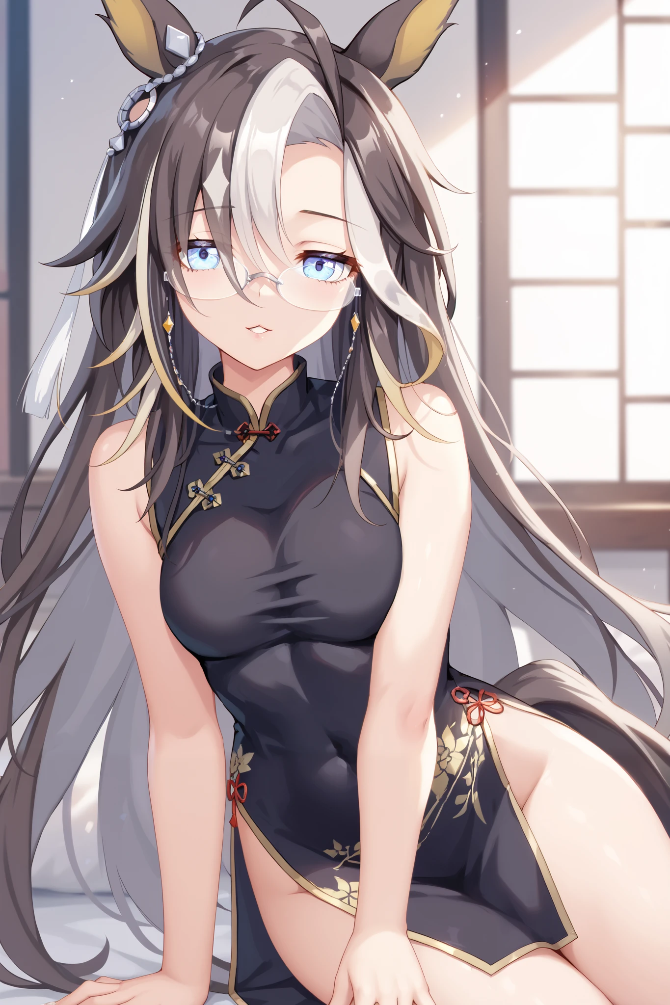 NSFW,masterpiece, top quality, high definition , very detailed,Dream Journey,Dream Journey\(Horse Girl\),Glasses, China Dress , sleeveless,Seduce